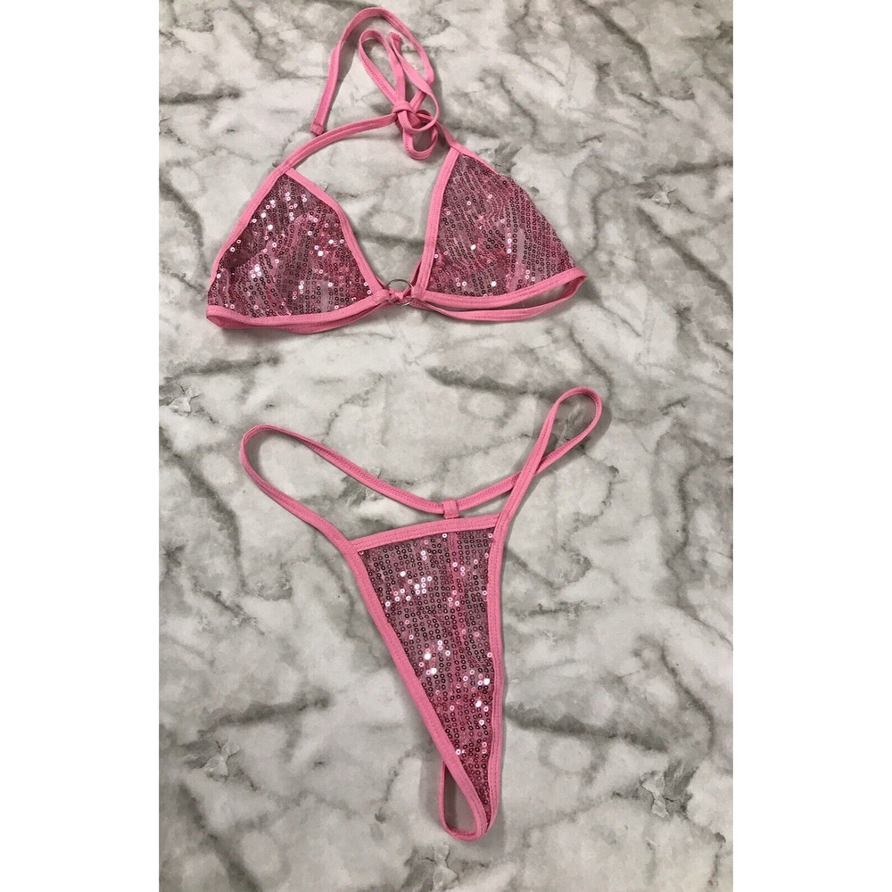 3 Piece Hot Pink Sequined Bra Panties, Skirt Exotic Dancer Lingerie Set Small